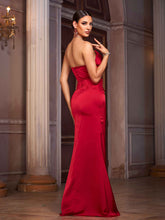 Red Strapless Slit Folds Cocktail Dress